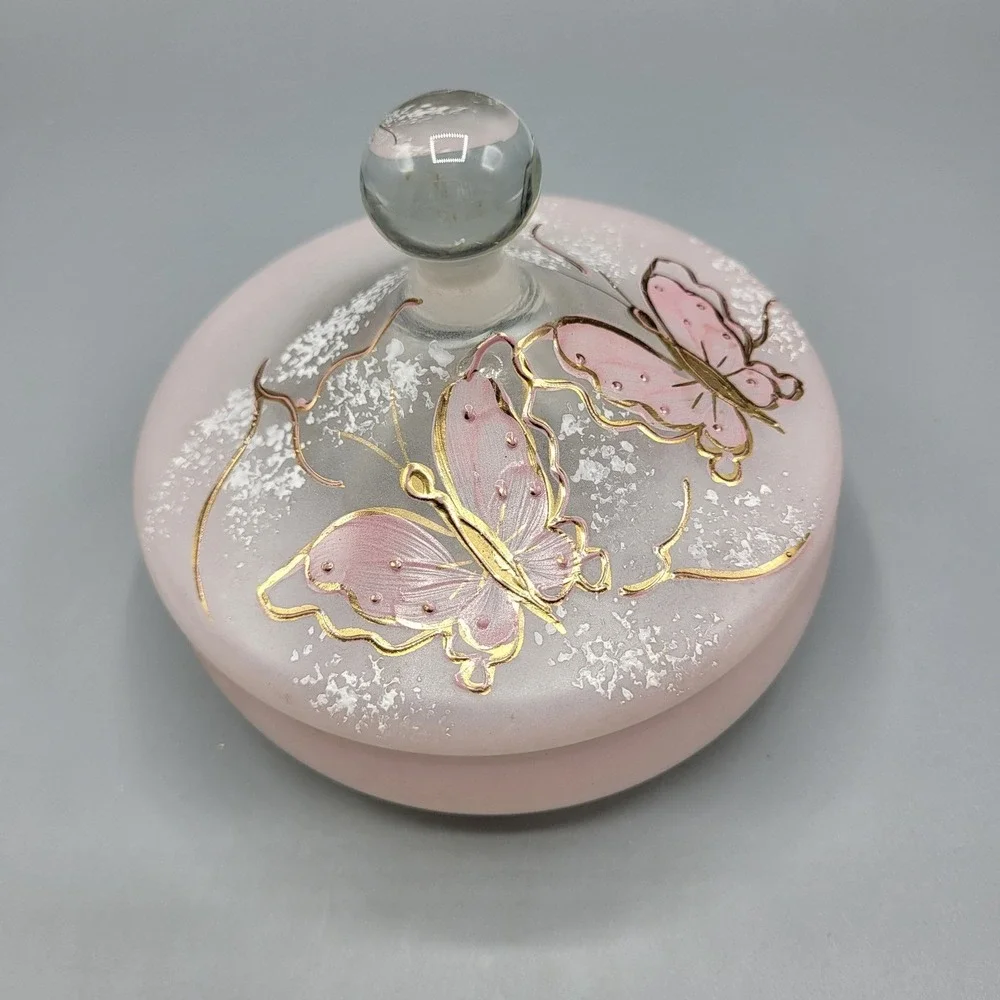 Butterfly Trinket Dish Vanity Jar Frosted Pink Glass Gold Accents Hand Painted